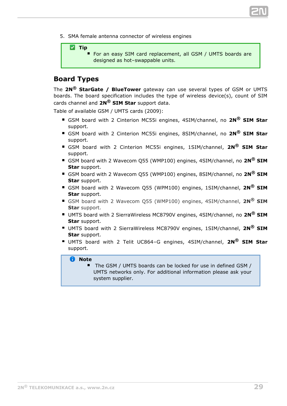 Board types | 2N StarGate/BlueTower v5.2 User Manual | Page 29 / 162