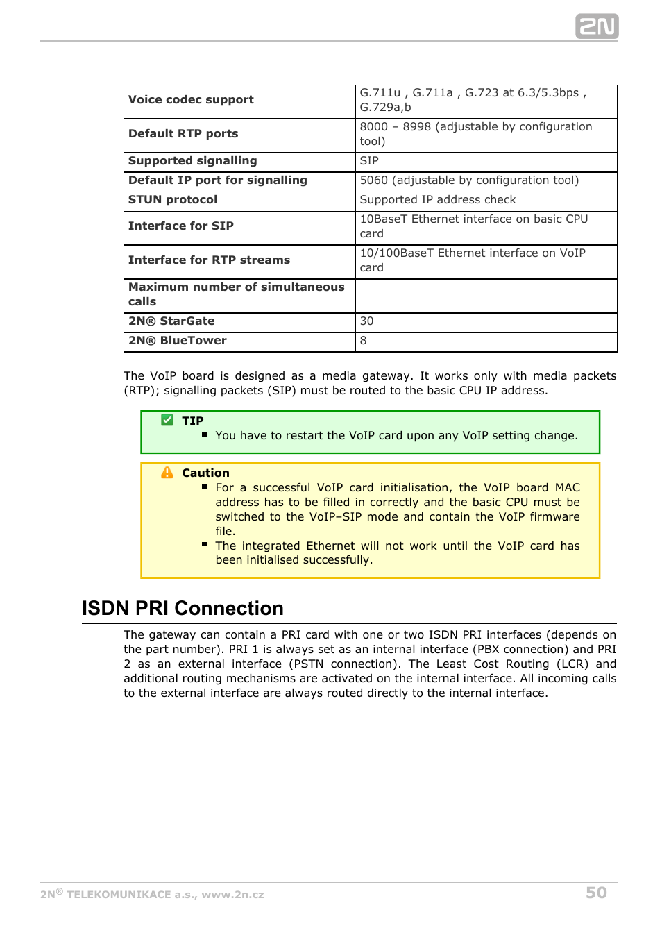 Isdn pri connection | 2N StarGate/BlueTower v5.2 User Manual | Page 50 / 162