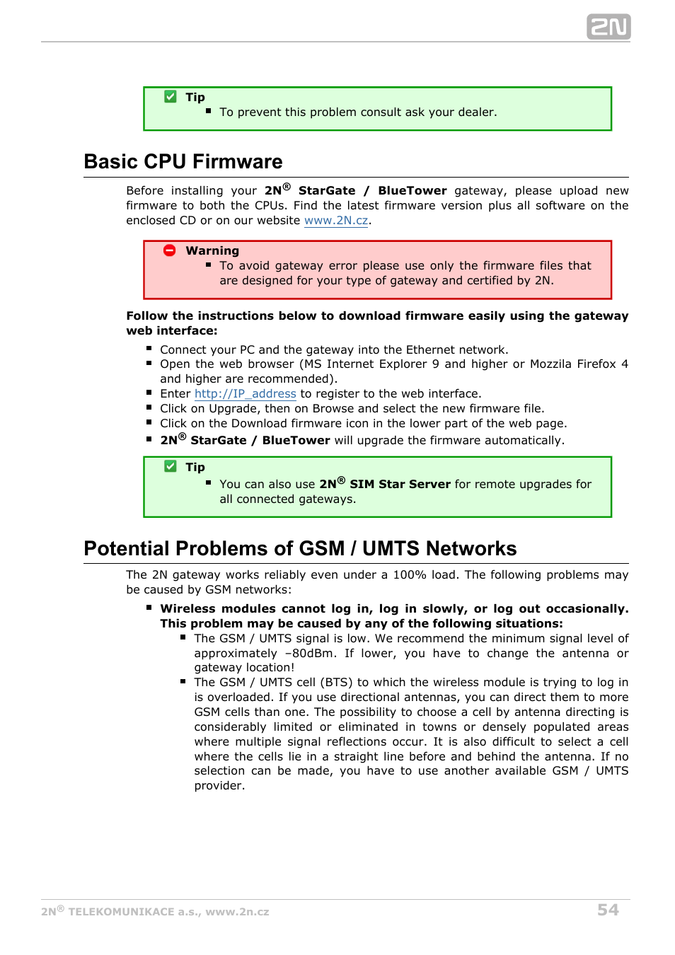 Basic cpu firmware, Potential problems of gsm / umts networks | 2N StarGate/BlueTower v5.2 User Manual | Page 54 / 162