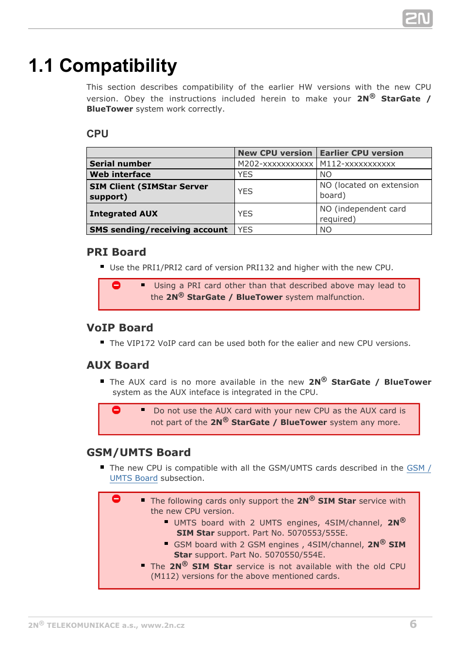 1 compatibility, Pri board, Voip board | Aux board, Gsm/umts board | 2N StarGate/BlueTower v5.2 User Manual | Page 6 / 162