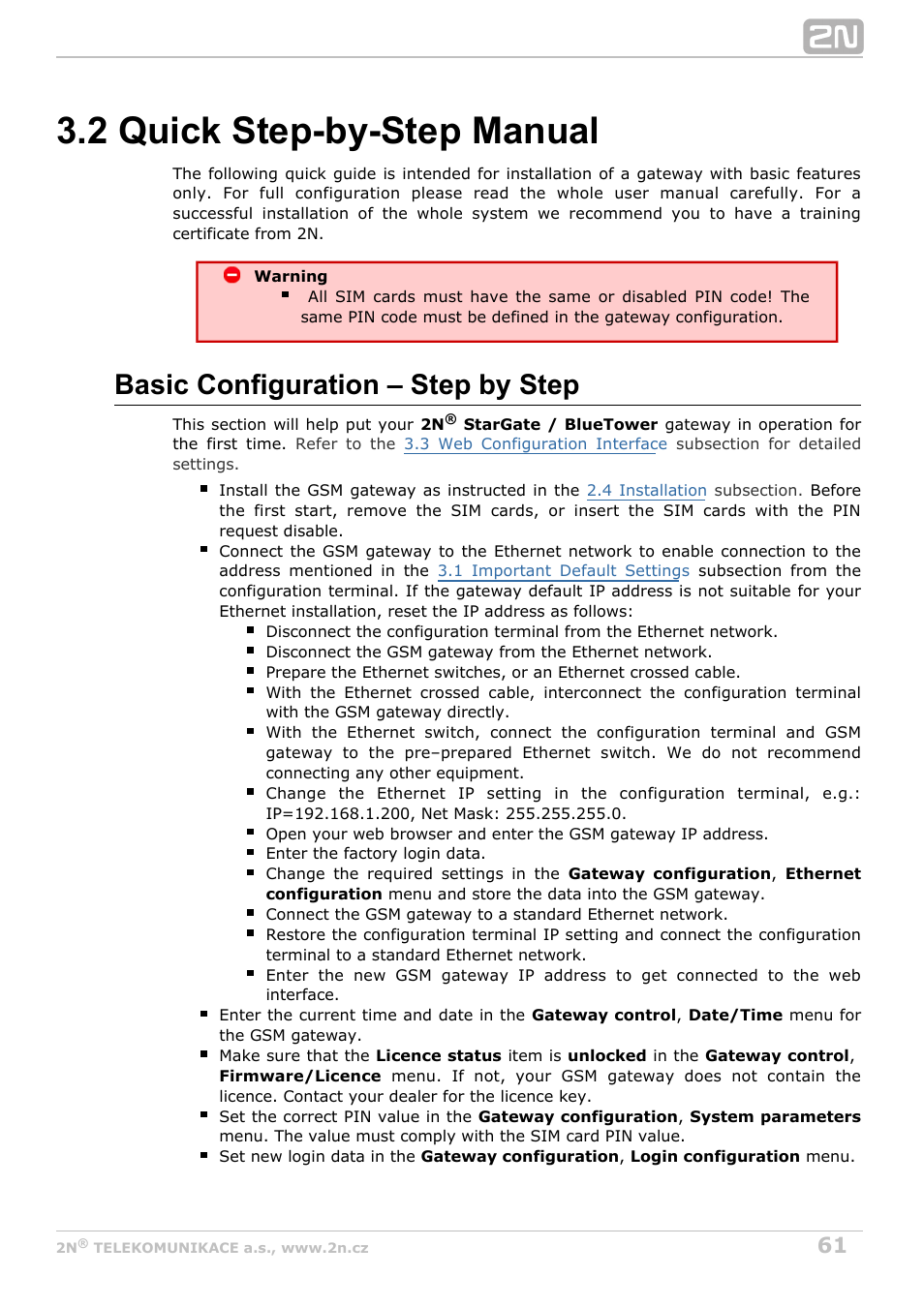 2 quick step-by-step manual, Basic configuration – step by step | 2N StarGate/BlueTower v5.2 User Manual | Page 61 / 162