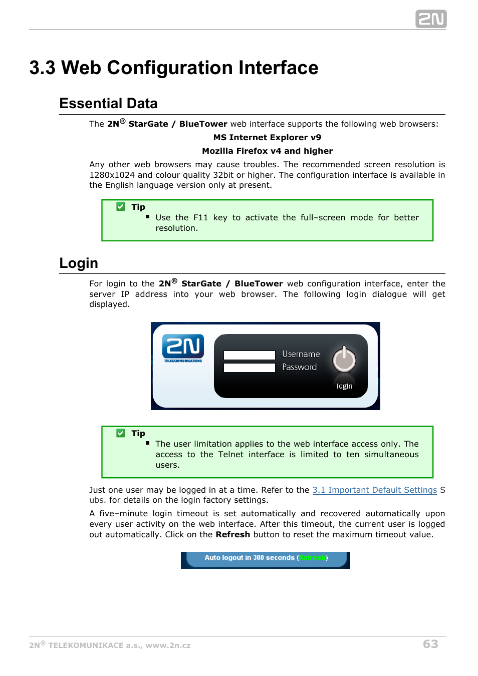 3 web configuration interface, Essential data, Login | 2N StarGate/BlueTower v5.2 User Manual | Page 63 / 162