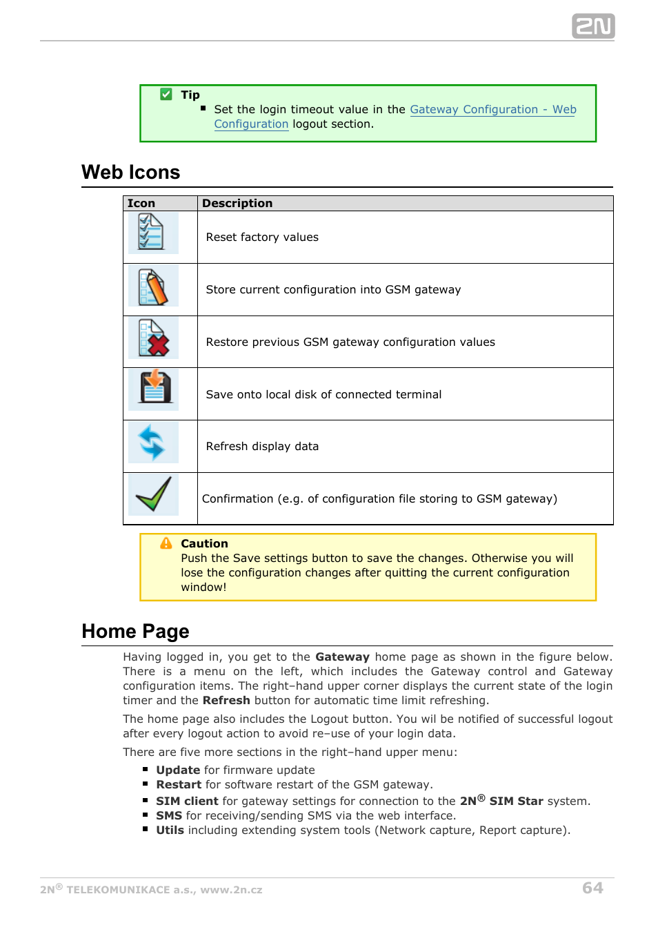 Web icons, Home page | 2N StarGate/BlueTower v5.2 User Manual | Page 64 / 162