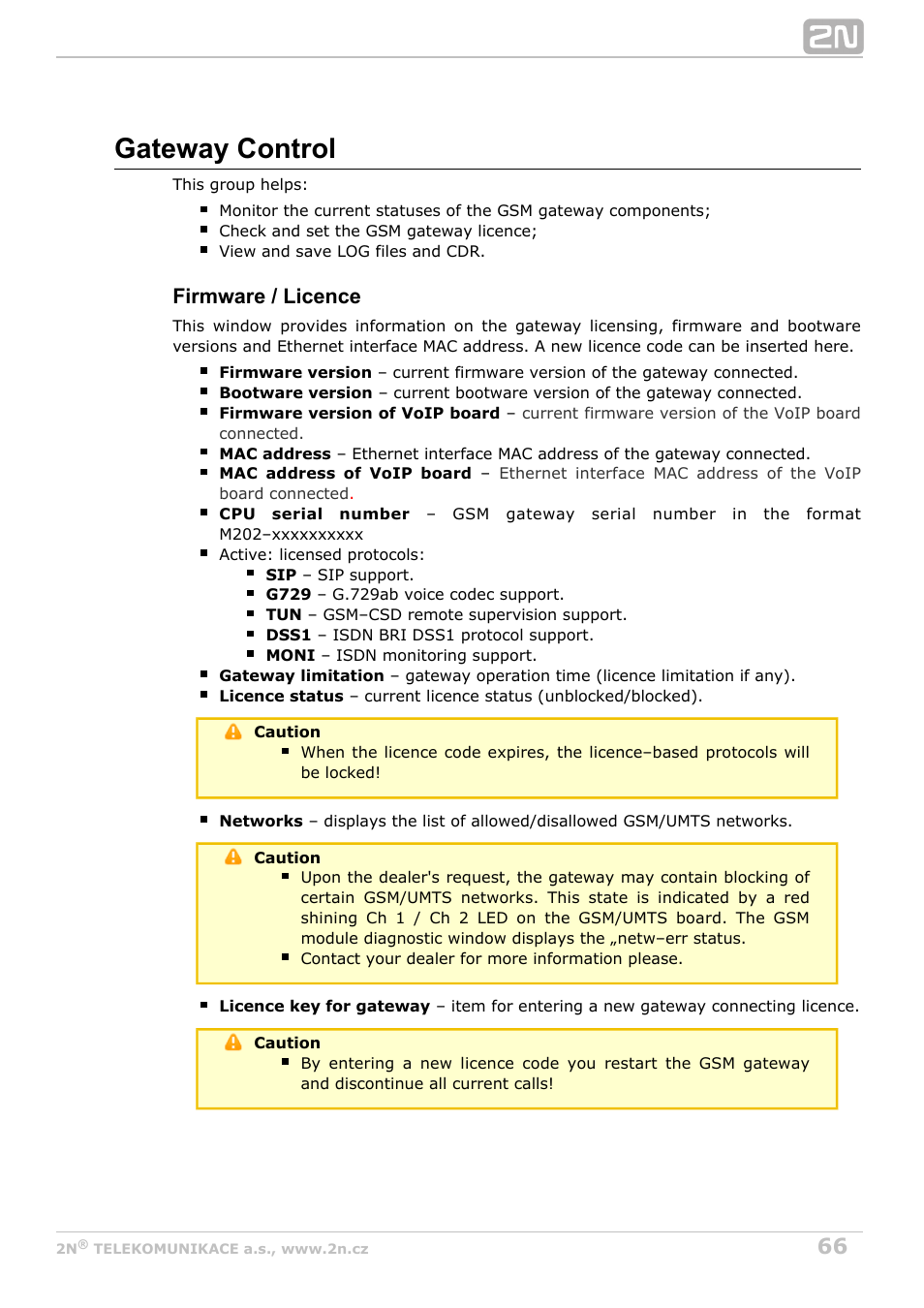 Gateway control, Firmware / licence | 2N StarGate/BlueTower v5.2 User Manual | Page 66 / 162