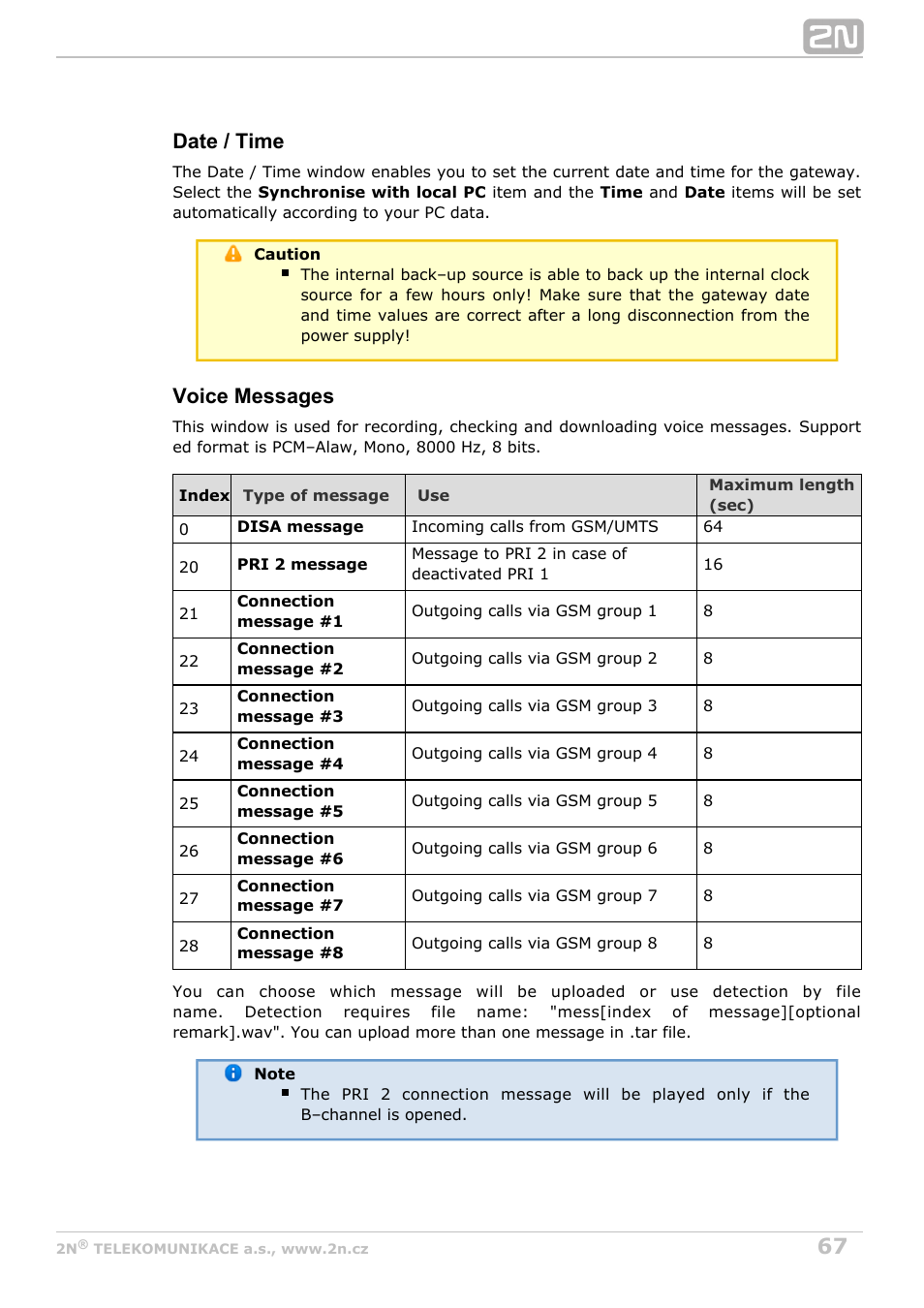 Date / time, Voice messages | 2N StarGate/BlueTower v5.2 User Manual | Page 67 / 162