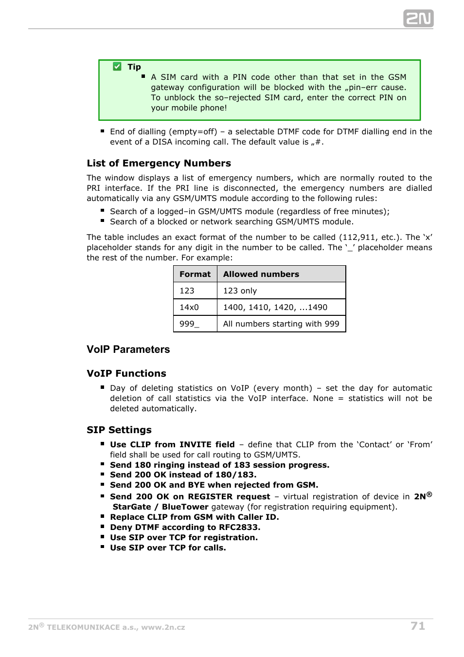 Voip parameters | 2N StarGate/BlueTower v5.2 User Manual | Page 71 / 162