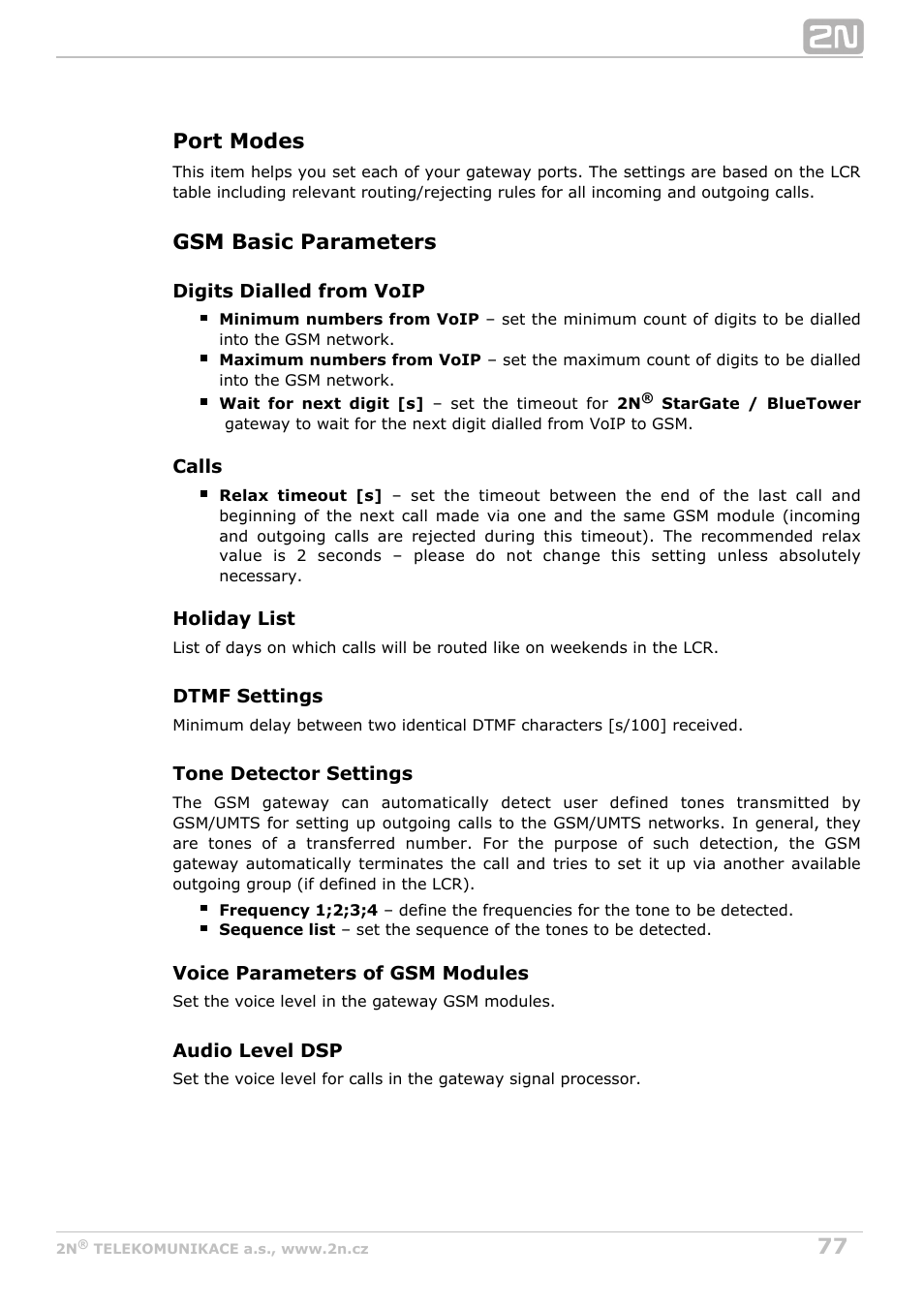 Port modes, Gsm basic parameters | 2N StarGate/BlueTower v5.2 User Manual | Page 77 / 162