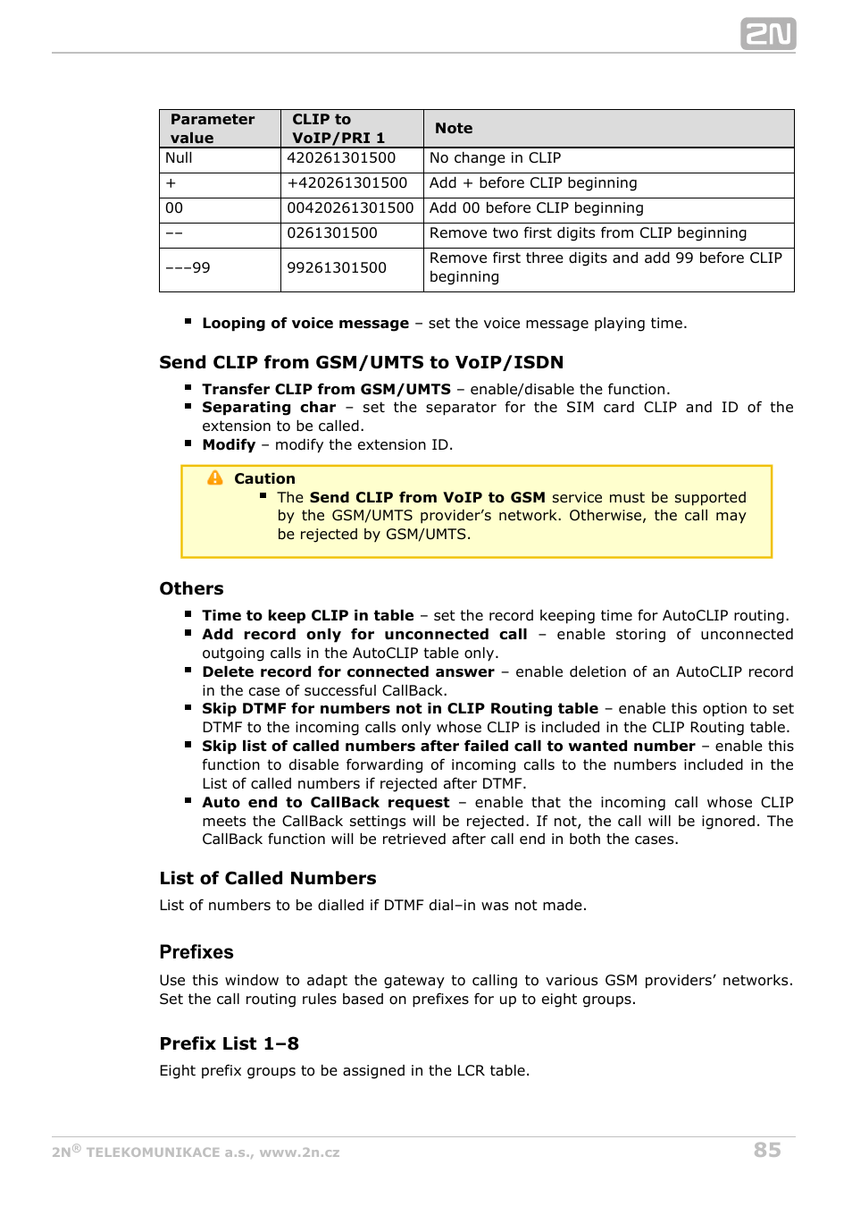 Prefixes | 2N StarGate/BlueTower v5.2 User Manual | Page 85 / 162