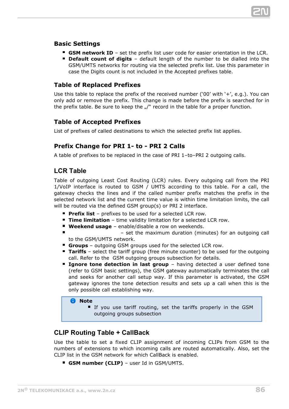 Lcr table, Clip routing table + callback | 2N StarGate/BlueTower v5.2 User Manual | Page 86 / 162