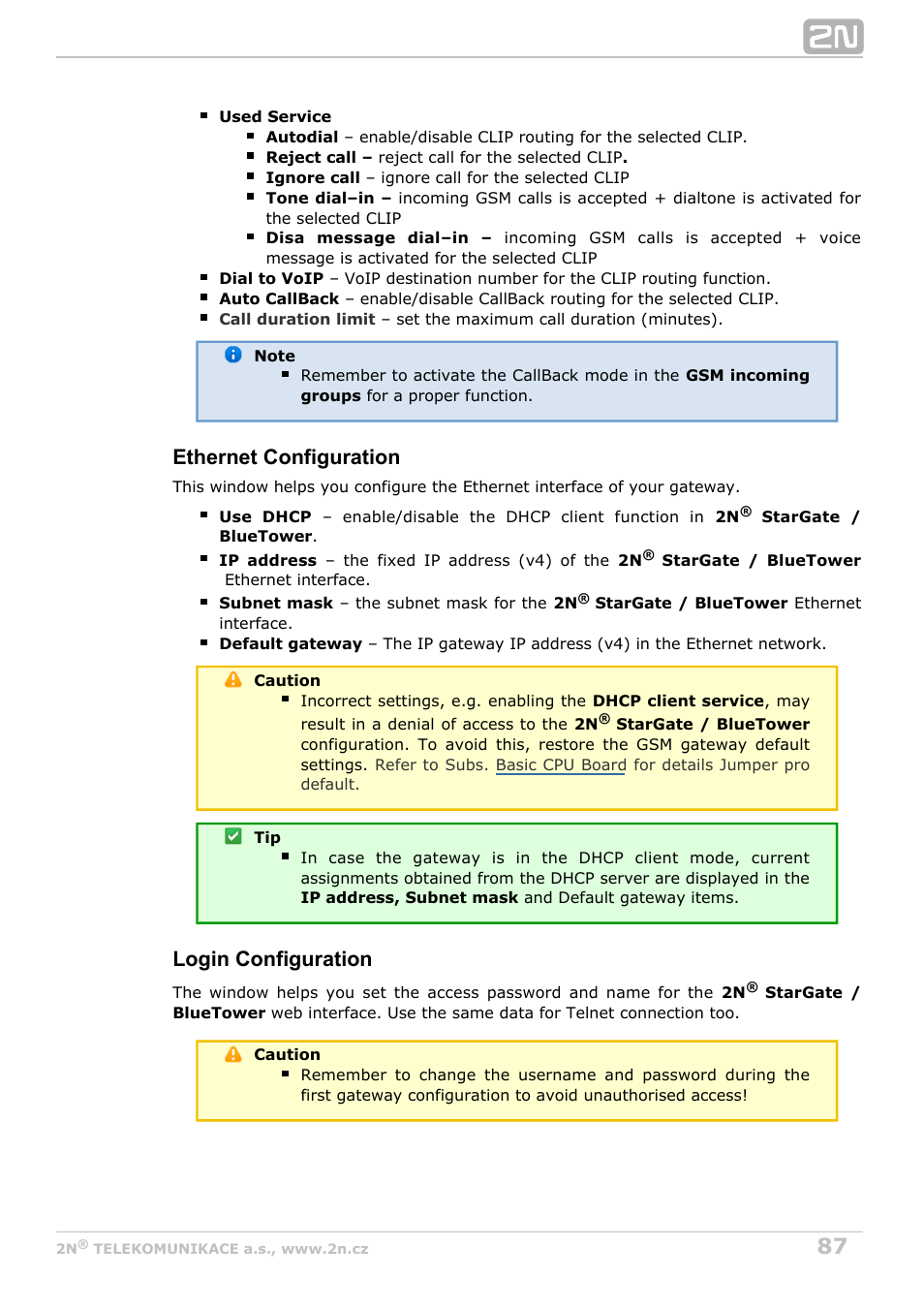 Ethernet configuration, Login configuration | 2N StarGate/BlueTower v5.2 User Manual | Page 87 / 162