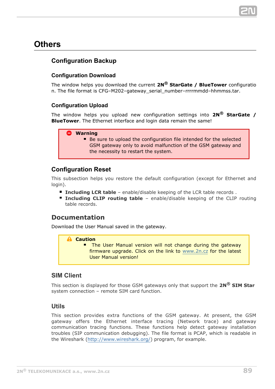 Others, Configuration backup, Configuration reset | Documentation, Sim client, Utils | 2N StarGate/BlueTower v5.2 User Manual | Page 89 / 162