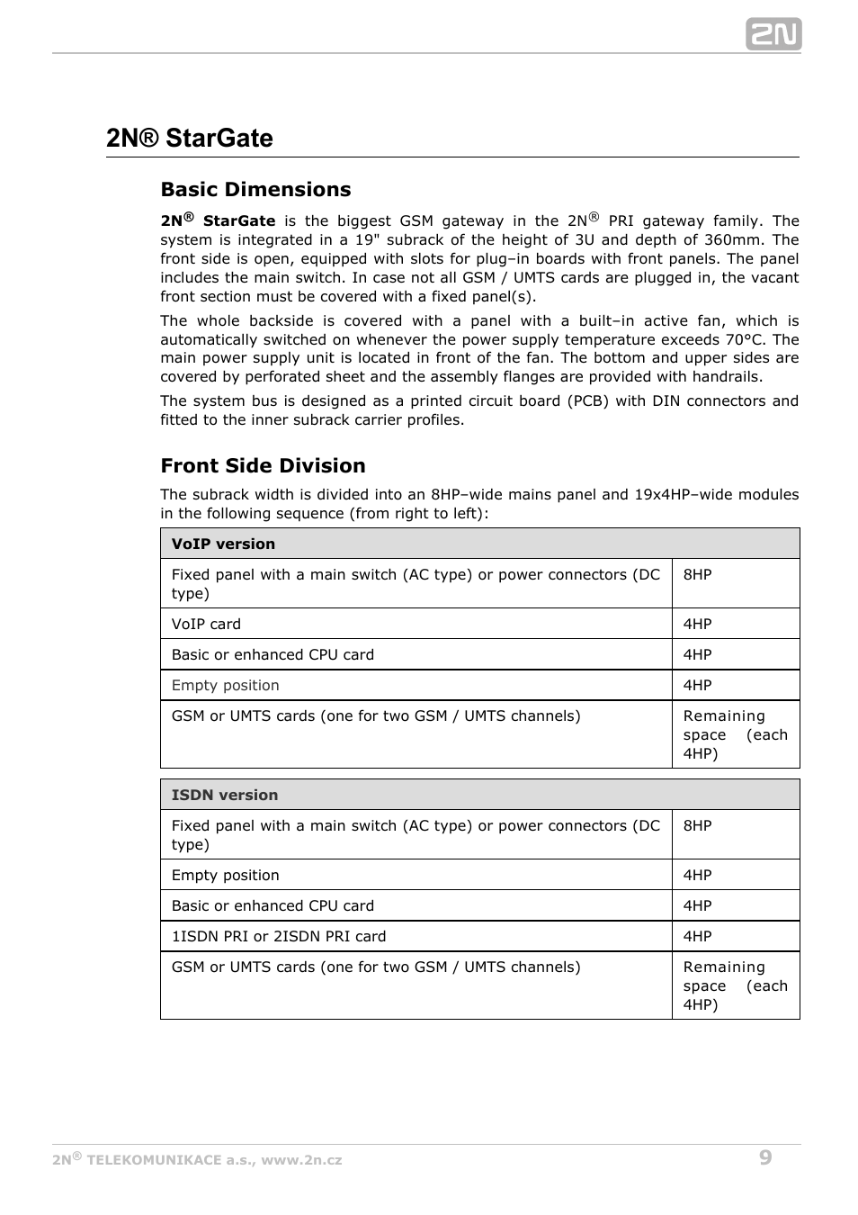 2n® stargate, Basic dimensions, Front side division | 2N StarGate/BlueTower v5.2 User Manual | Page 9 / 162