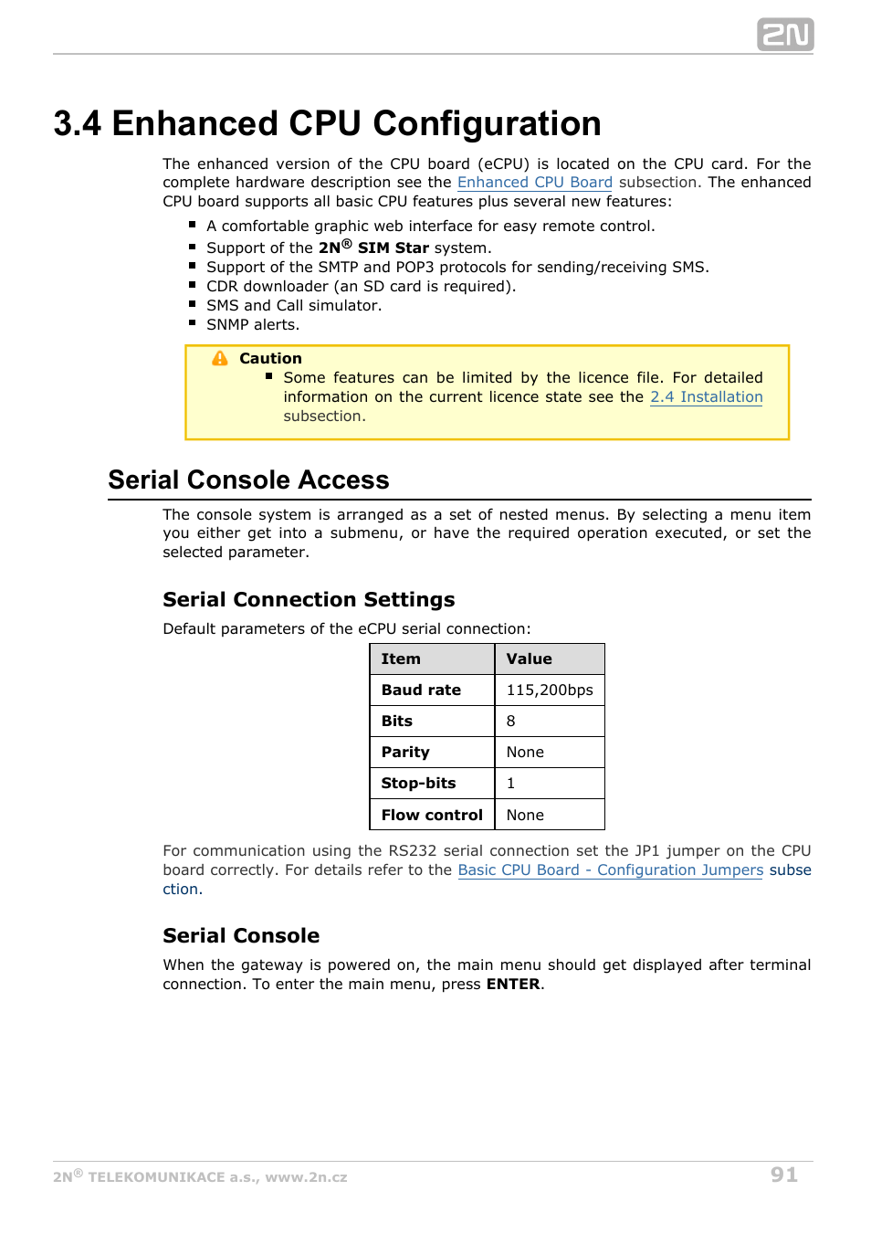 4 enhanced cpu configuration, Serial console access, Serial connection settings | Serial console | 2N StarGate/BlueTower v5.2 User Manual | Page 91 / 162