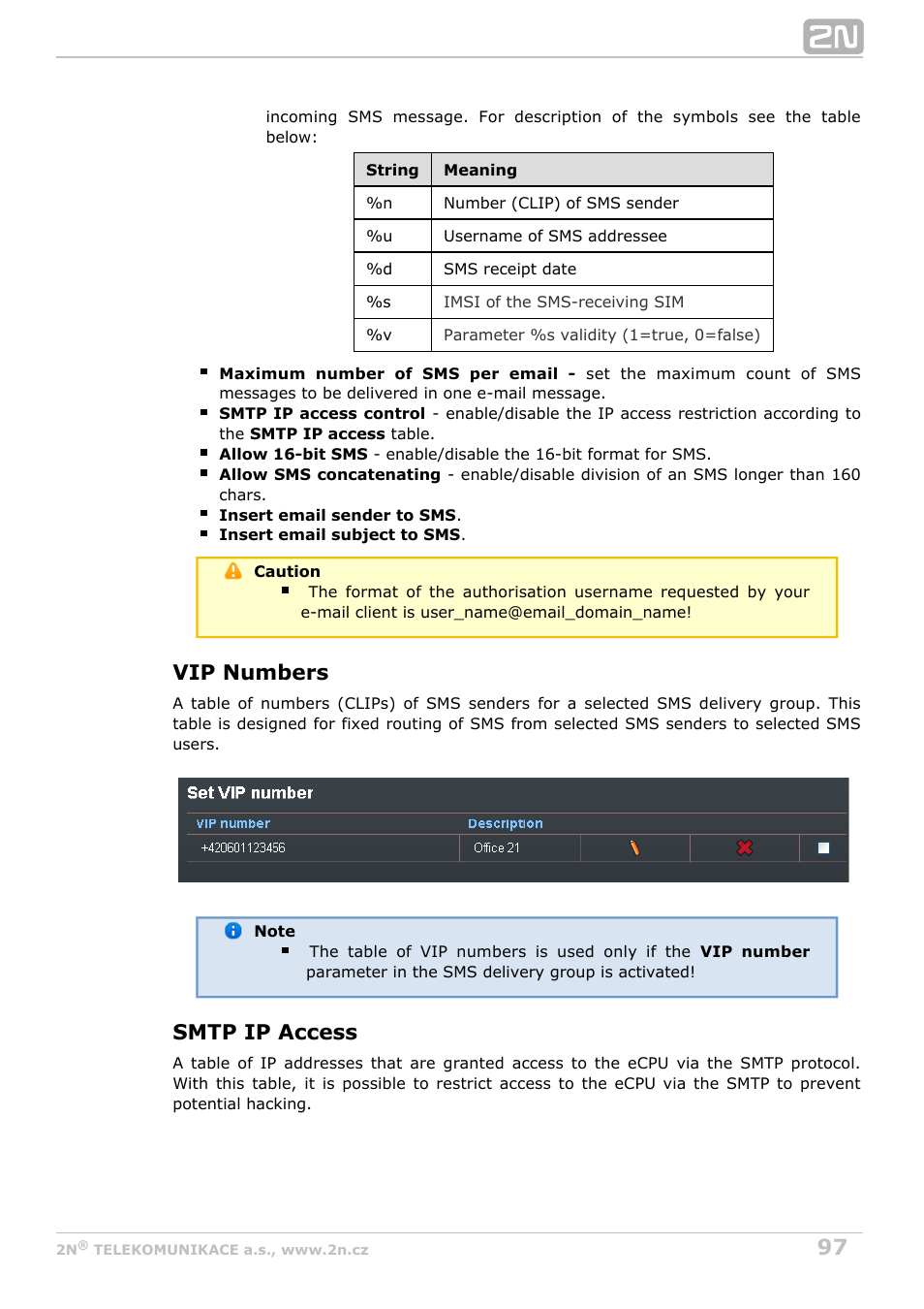 Vip numbers, Smtp ip access | 2N StarGate/BlueTower v5.2 User Manual | Page 97 / 162