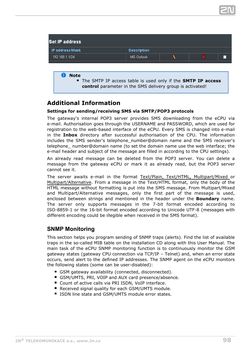 Additional information, Snmp monitoring | 2N StarGate/BlueTower v5.2 User Manual | Page 98 / 162