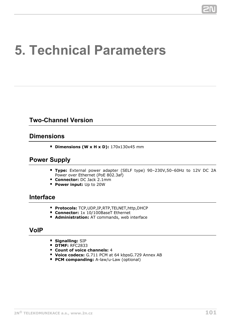Technical parameters | 2N VoiceBlue Next v3.7 User Manual | Page 101 / 111