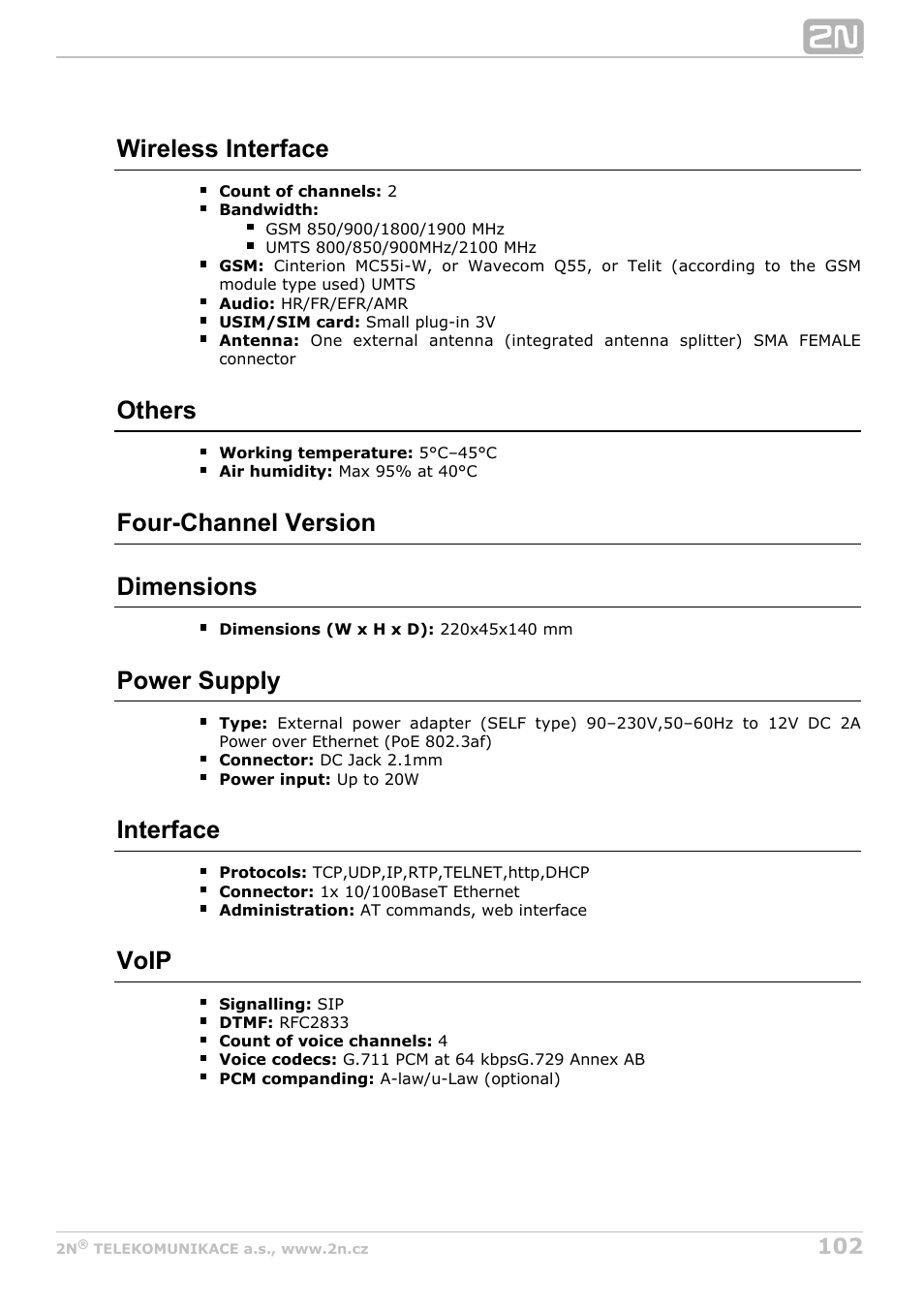 Wireless interface, Others, Four-channel version dimensions | Power supply, Interface, Voip | 2N VoiceBlue Next v3.7 User Manual | Page 102 / 111