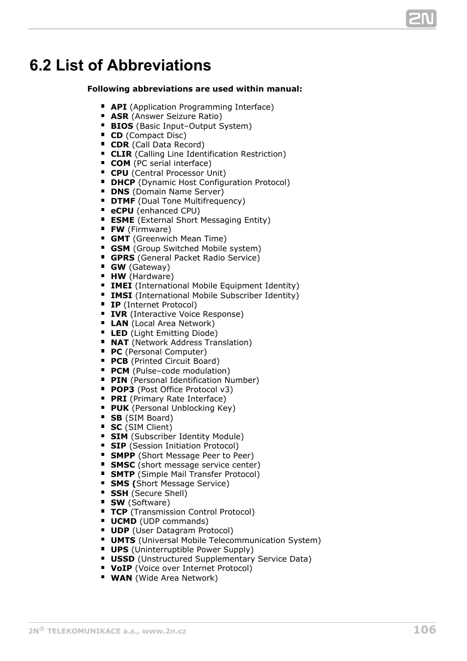 2 list of abbreviations | 2N VoiceBlue Next v3.7 User Manual | Page 106 / 111