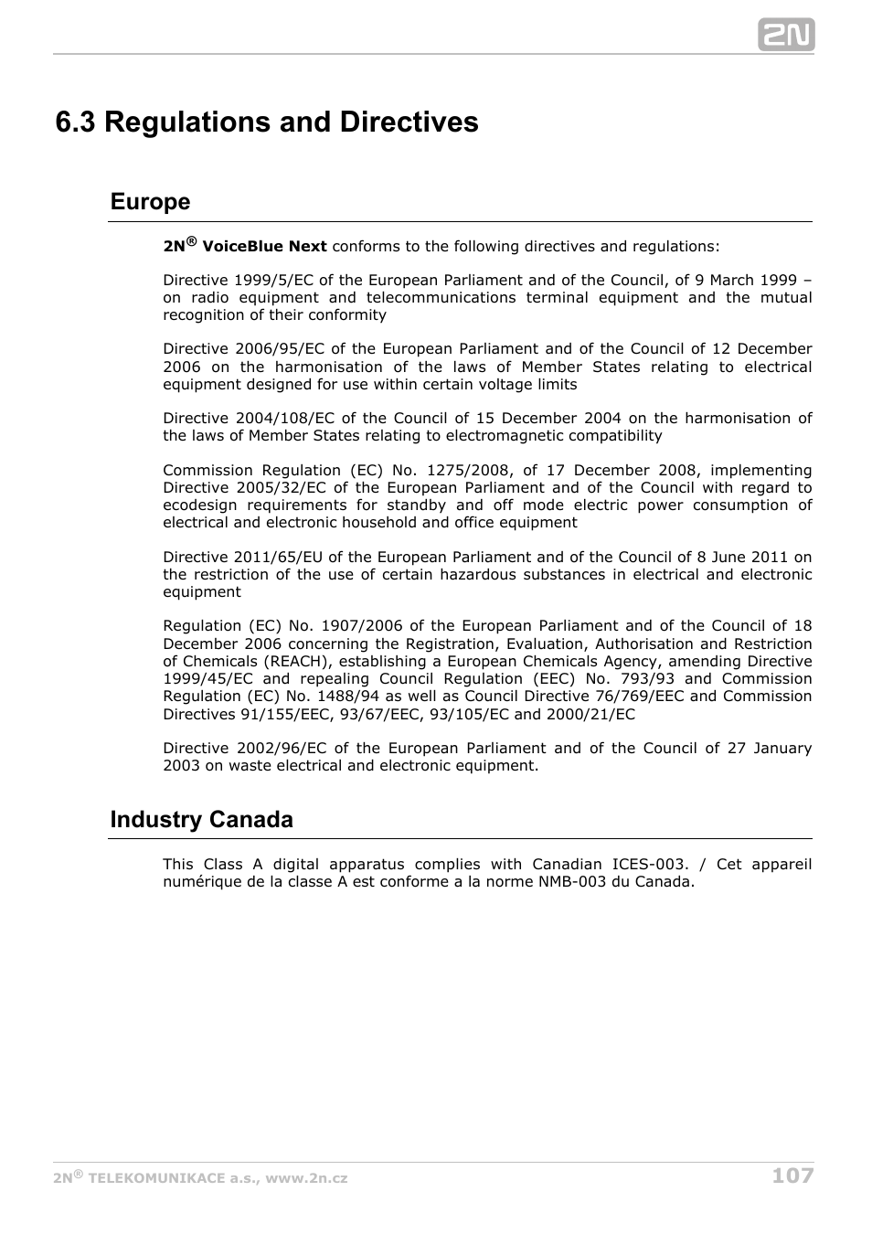 3 regulations and directives, Europe, Industry canada | 2N VoiceBlue Next v3.7 User Manual | Page 107 / 111