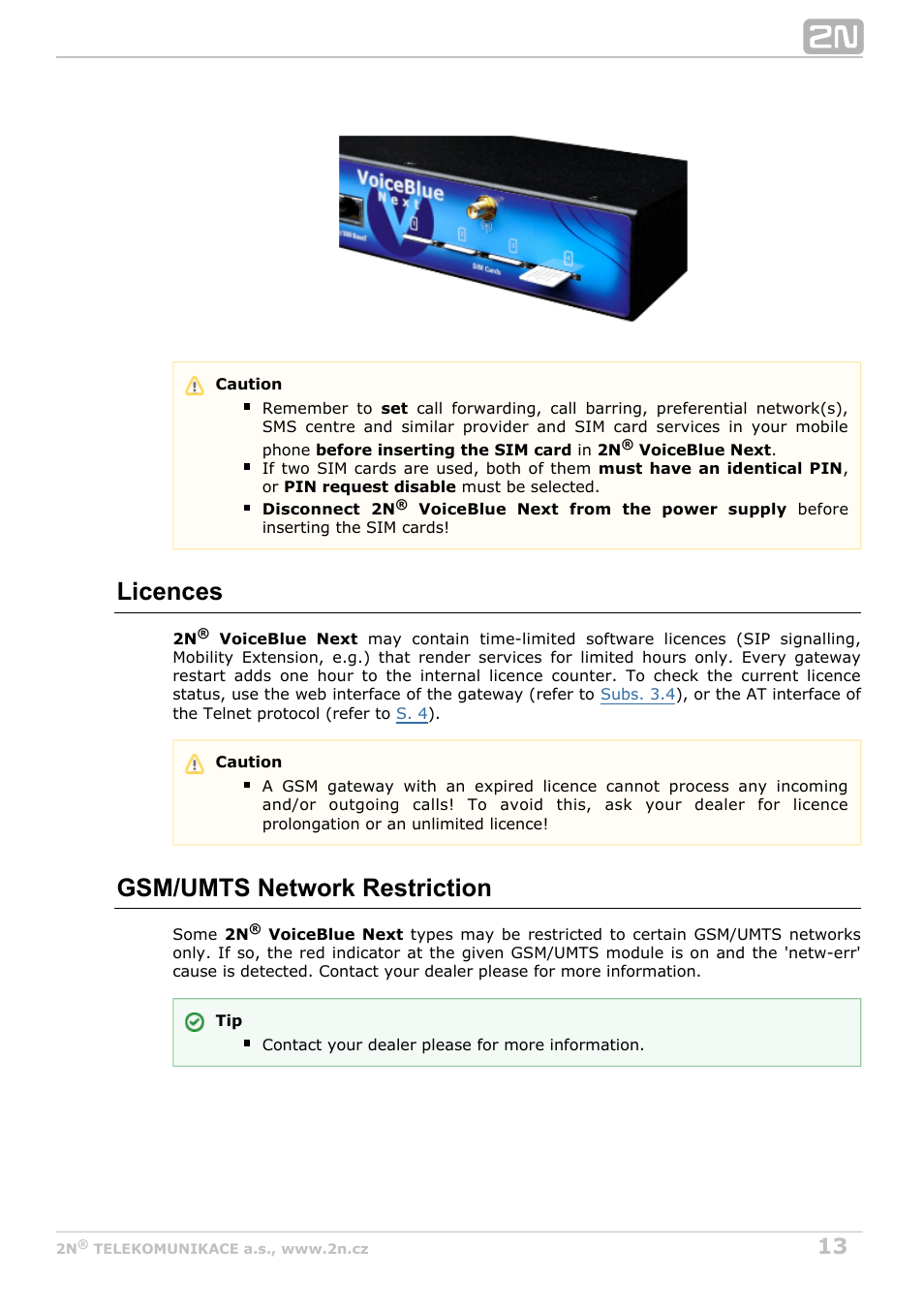 Licences, Gsm/umts network restriction | 2N VoiceBlue Next v3.7 User Manual | Page 13 / 111