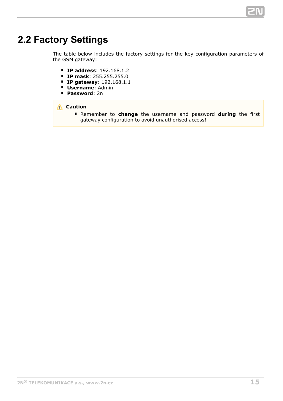 2 factory settings | 2N VoiceBlue Next v3.7 User Manual | Page 15 / 111