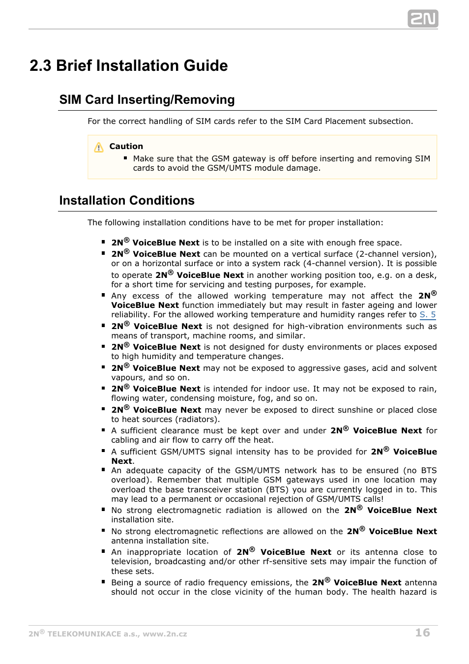 3 brief installation guide, Sim card inserting/removing, Installation conditions | 2N VoiceBlue Next v3.7 User Manual | Page 16 / 111