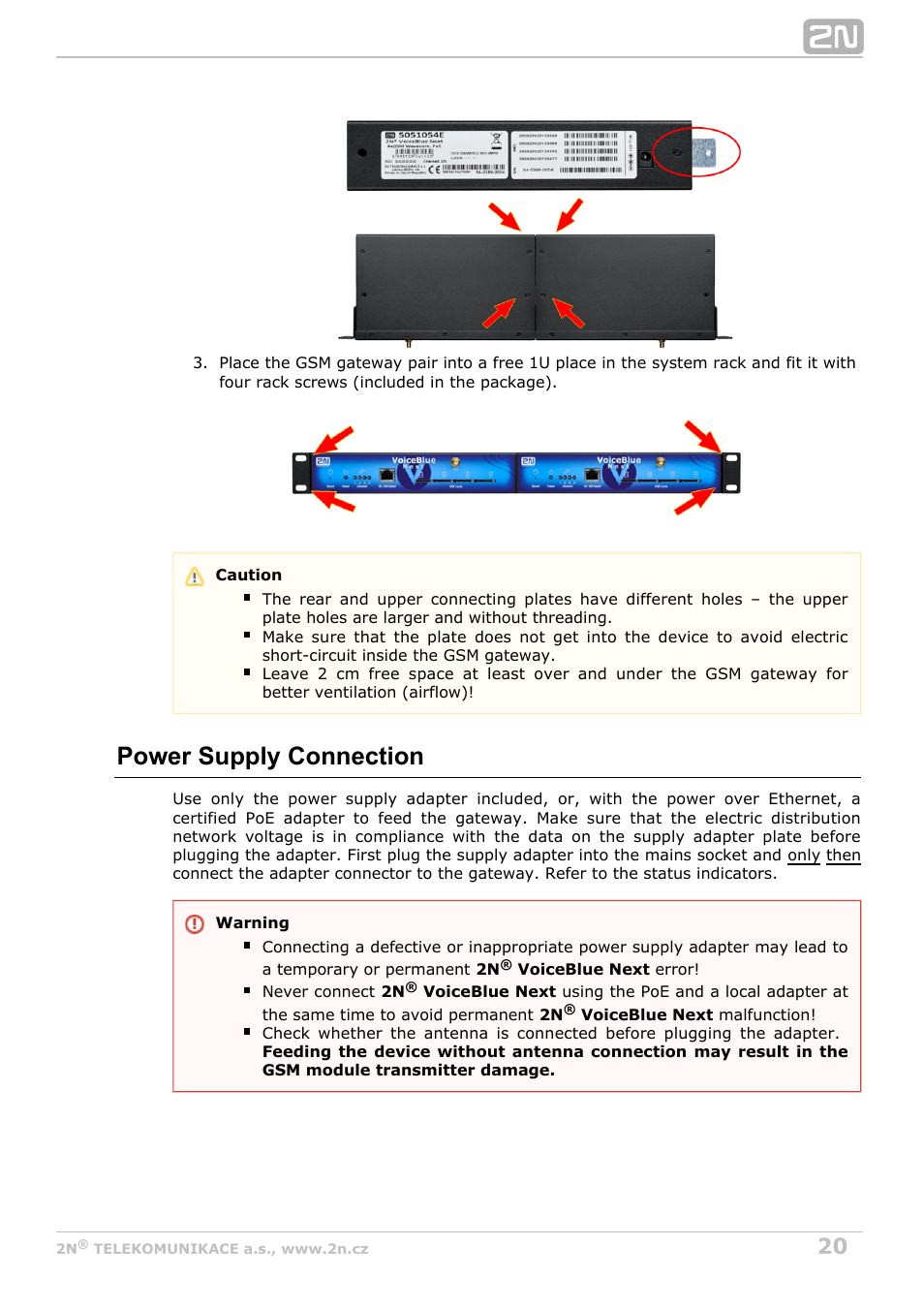 Power supply connection | 2N VoiceBlue Next v3.7 User Manual | Page 20 / 111