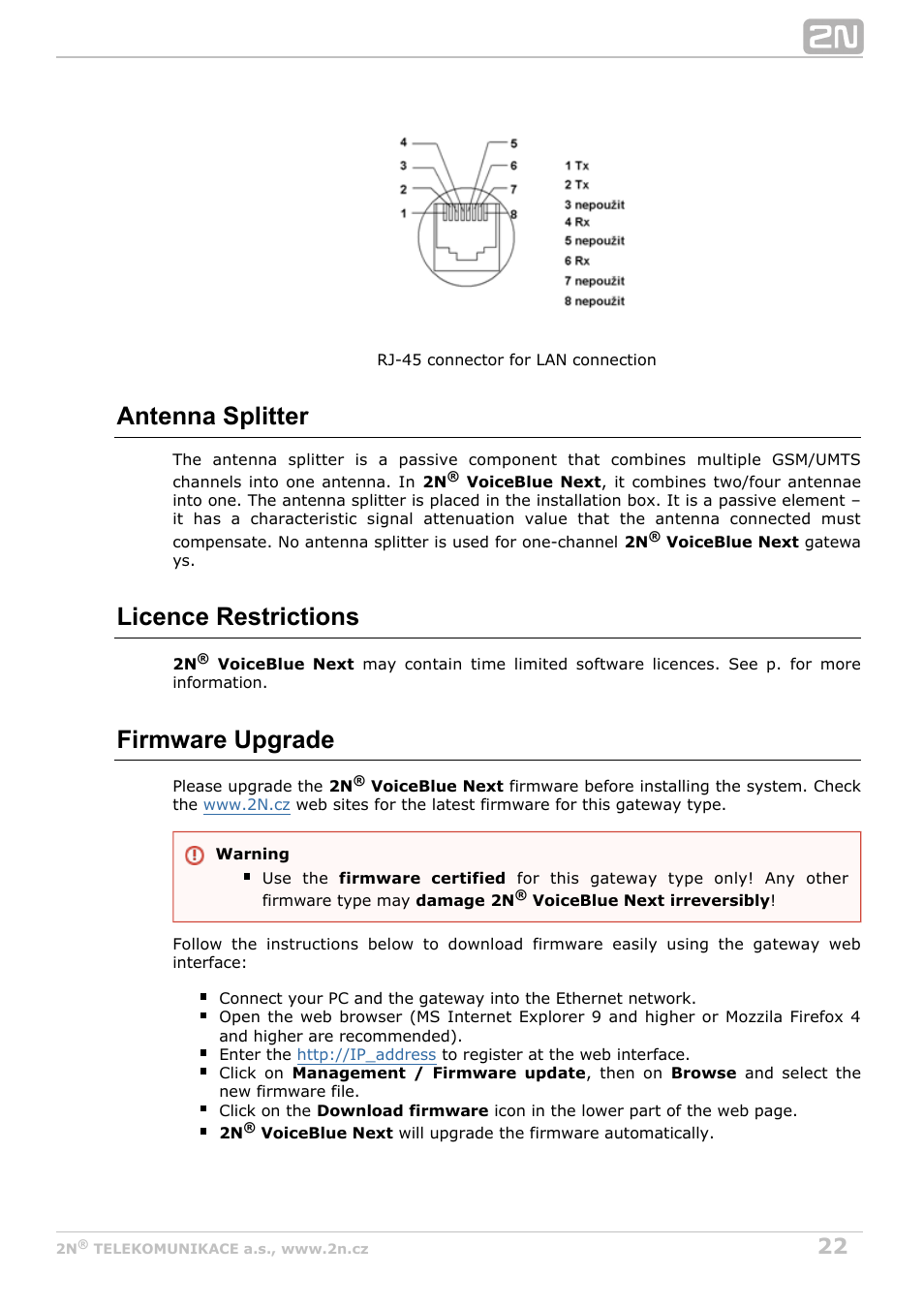 Antenna splitter, Licence restrictions, Firmware upgrade | 2N VoiceBlue Next v3.7 User Manual | Page 22 / 111