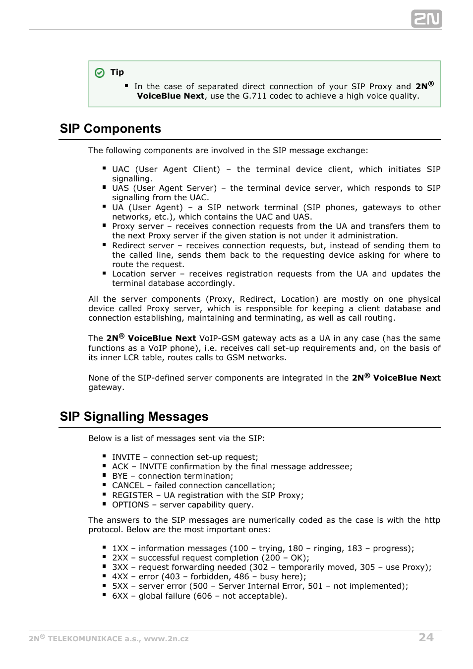 Sip components, Sip signalling messages | 2N VoiceBlue Next v3.7 User Manual | Page 24 / 111