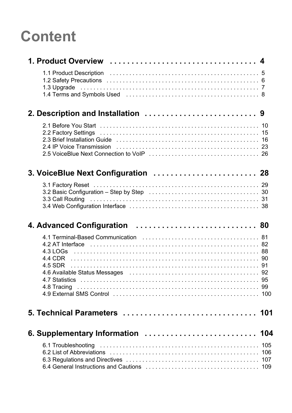 Content, Product overview, Description and installation | Voiceblue next configuration, Advanced configuration, Technical parameters 6. supplementary information | 2N VoiceBlue Next v3.7 User Manual | Page 3 / 111