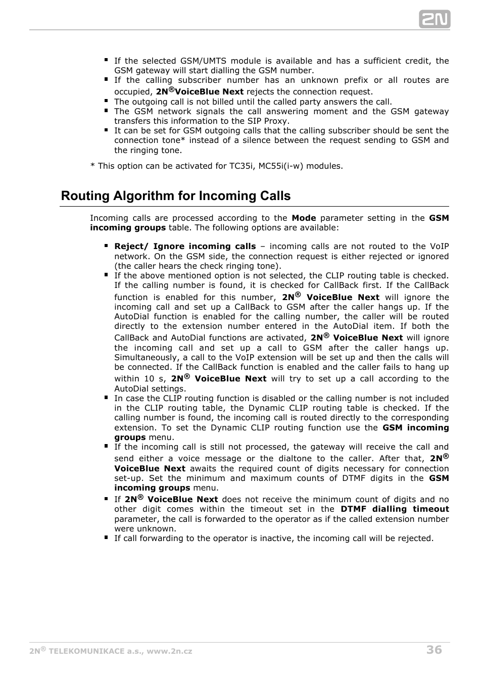 Routing algorithm for incoming calls | 2N VoiceBlue Next v3.7 User Manual | Page 36 / 111