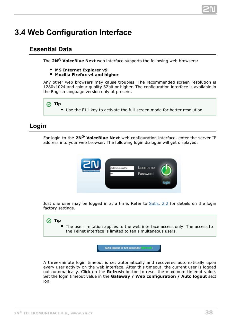 4 web configuration interface, Subs. 3.4, Essential data | Login | 2N VoiceBlue Next v3.7 User Manual | Page 38 / 111