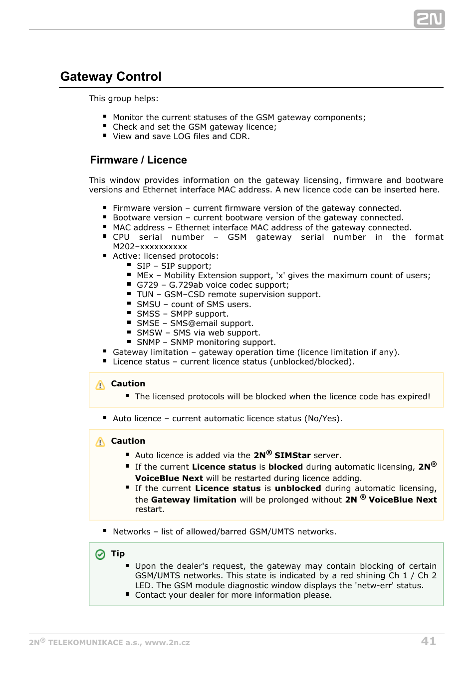 Gateway control, Firmware / licence | 2N VoiceBlue Next v3.7 User Manual | Page 41 / 111