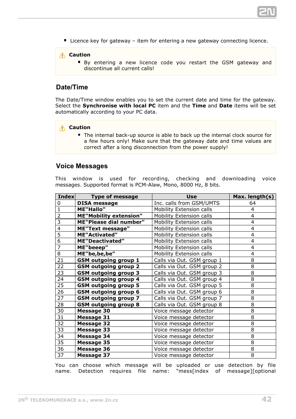 Date/time, Voice messages | 2N VoiceBlue Next v3.7 User Manual | Page 42 / 111