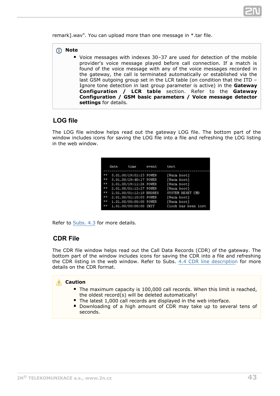 Log file, Cdr file | 2N VoiceBlue Next v3.7 User Manual | Page 43 / 111