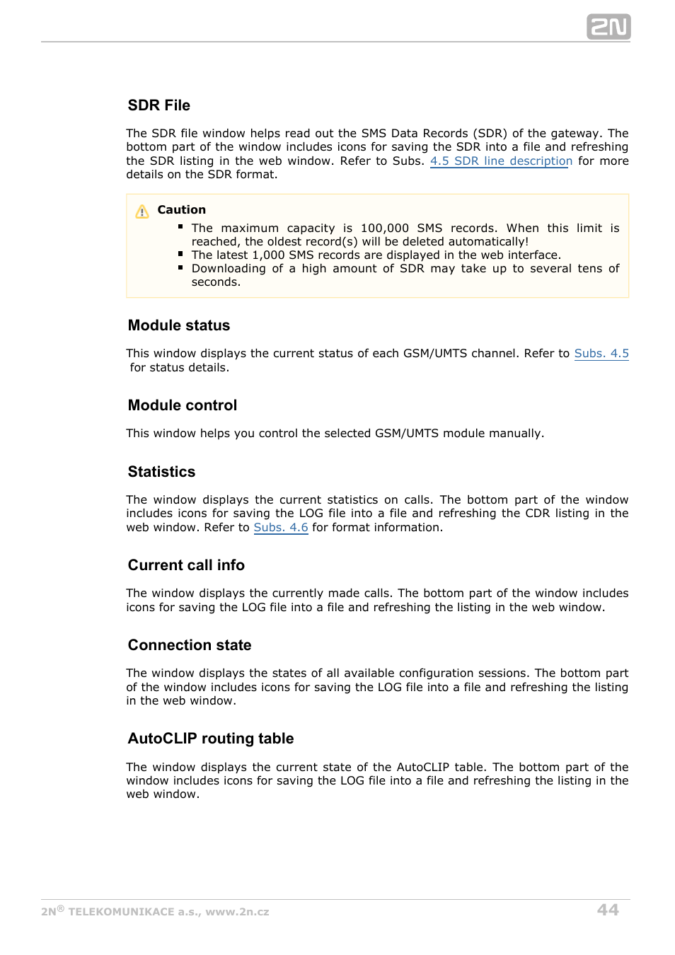 Sdr file, Module status, Module control | Statistics, Current call info, Connection state, Autoclip routing table | 2N VoiceBlue Next v3.7 User Manual | Page 44 / 111