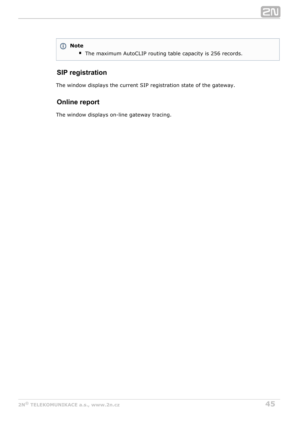 Sip registration, Online report | 2N VoiceBlue Next v3.7 User Manual | Page 45 / 111