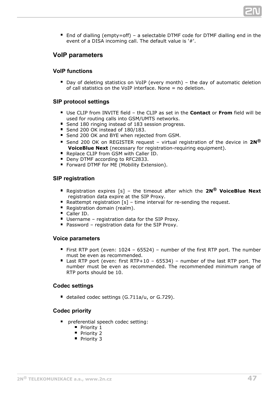Voip parameters | 2N VoiceBlue Next v3.7 User Manual | Page 47 / 111