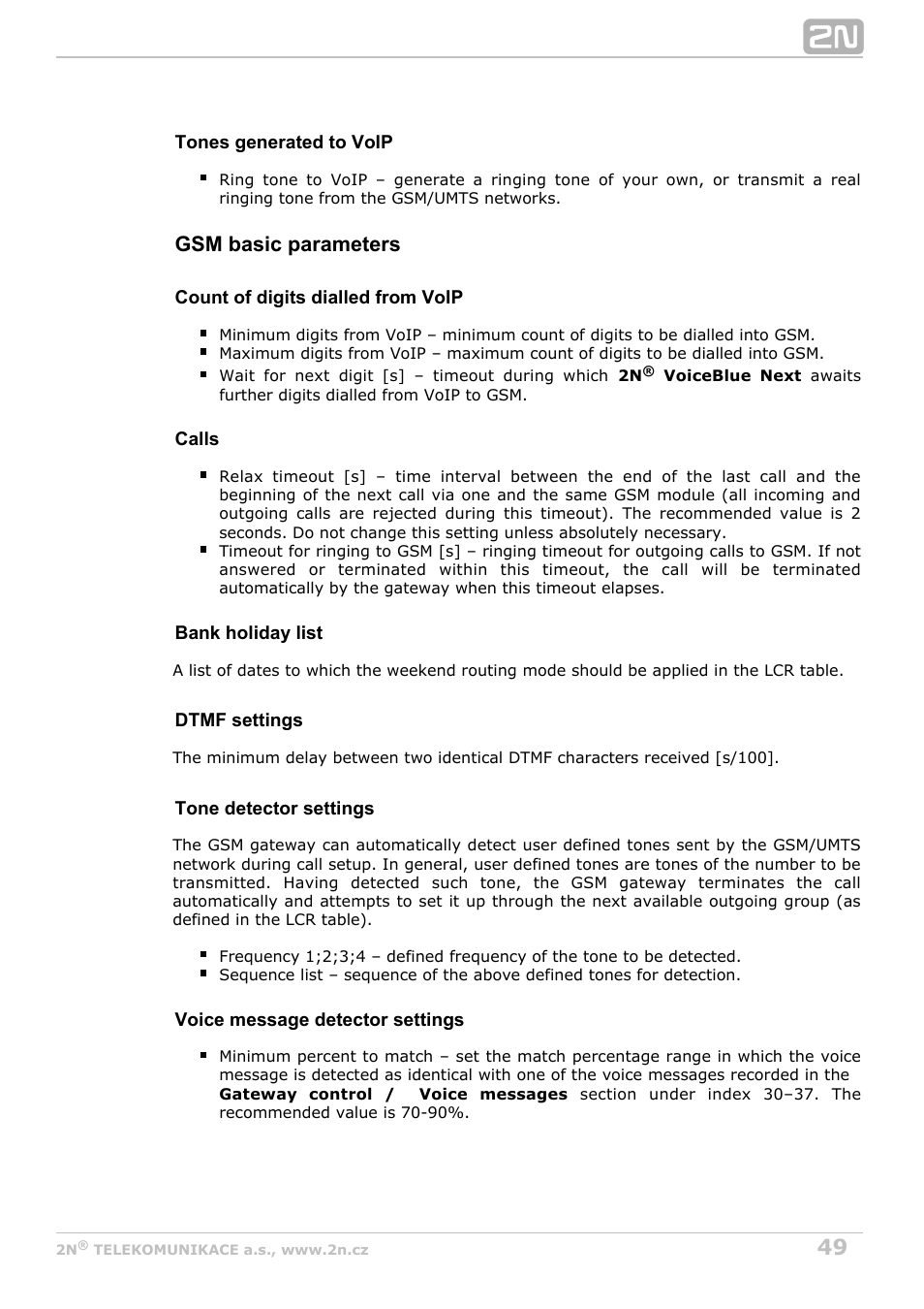 Gsm basic parameters | 2N VoiceBlue Next v3.7 User Manual | Page 49 / 111