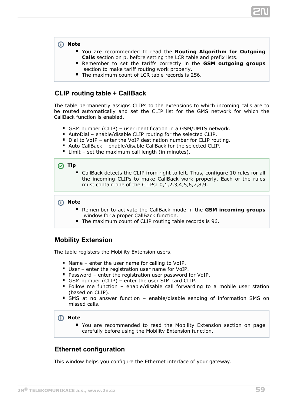 Clip routing table + callback, Mobility extension, Ethernet configuration | 2N VoiceBlue Next v3.7 User Manual | Page 59 / 111