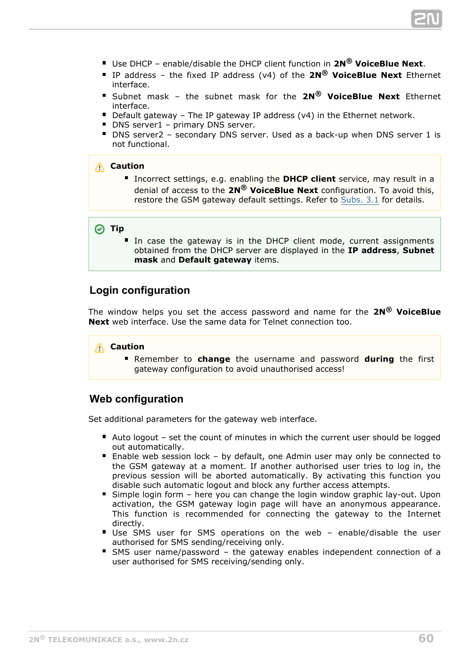 Login configuration, Web configuration | 2N VoiceBlue Next v3.7 User Manual | Page 60 / 111