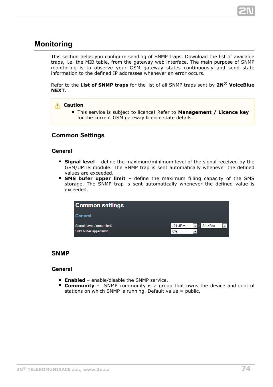 Monitoring, Common settings, Snmp | 2N VoiceBlue Next v3.7 User Manual | Page 74 / 111
