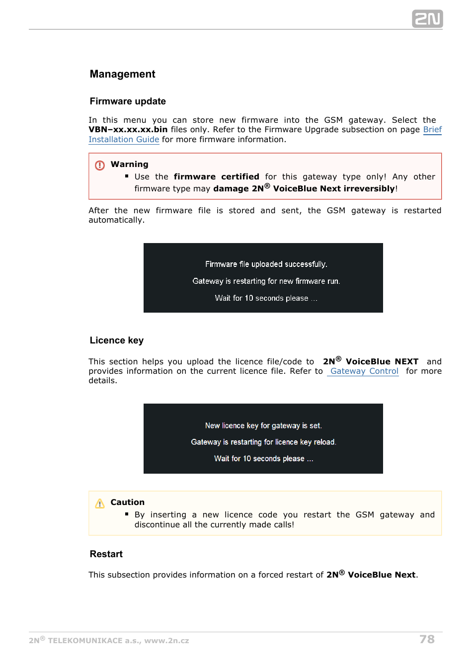 Management | 2N VoiceBlue Next v3.7 User Manual | Page 78 / 111