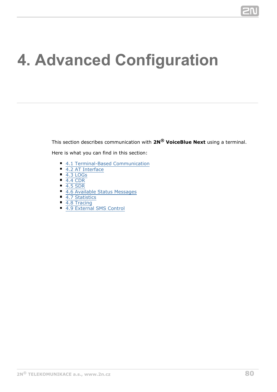 Advanced configuration, The telnet protocol (refer to, S. 4 | 2N VoiceBlue Next v3.7 User Manual | Page 80 / 111