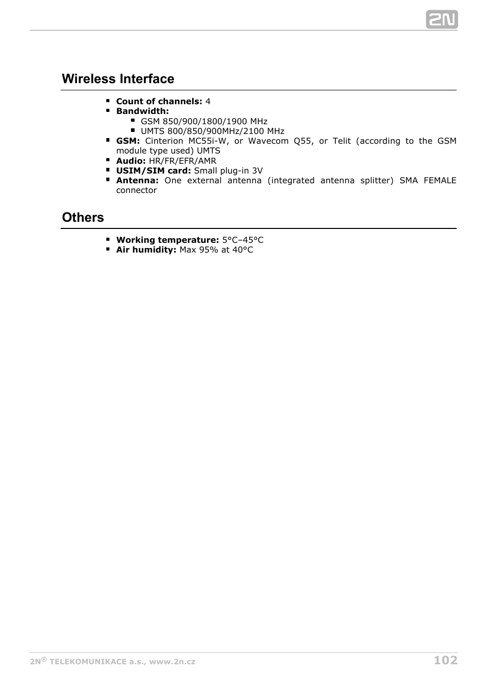 Wireless interface, Others | 2N VoiceBlue Next v3.6 User Manual | Page 102 / 110