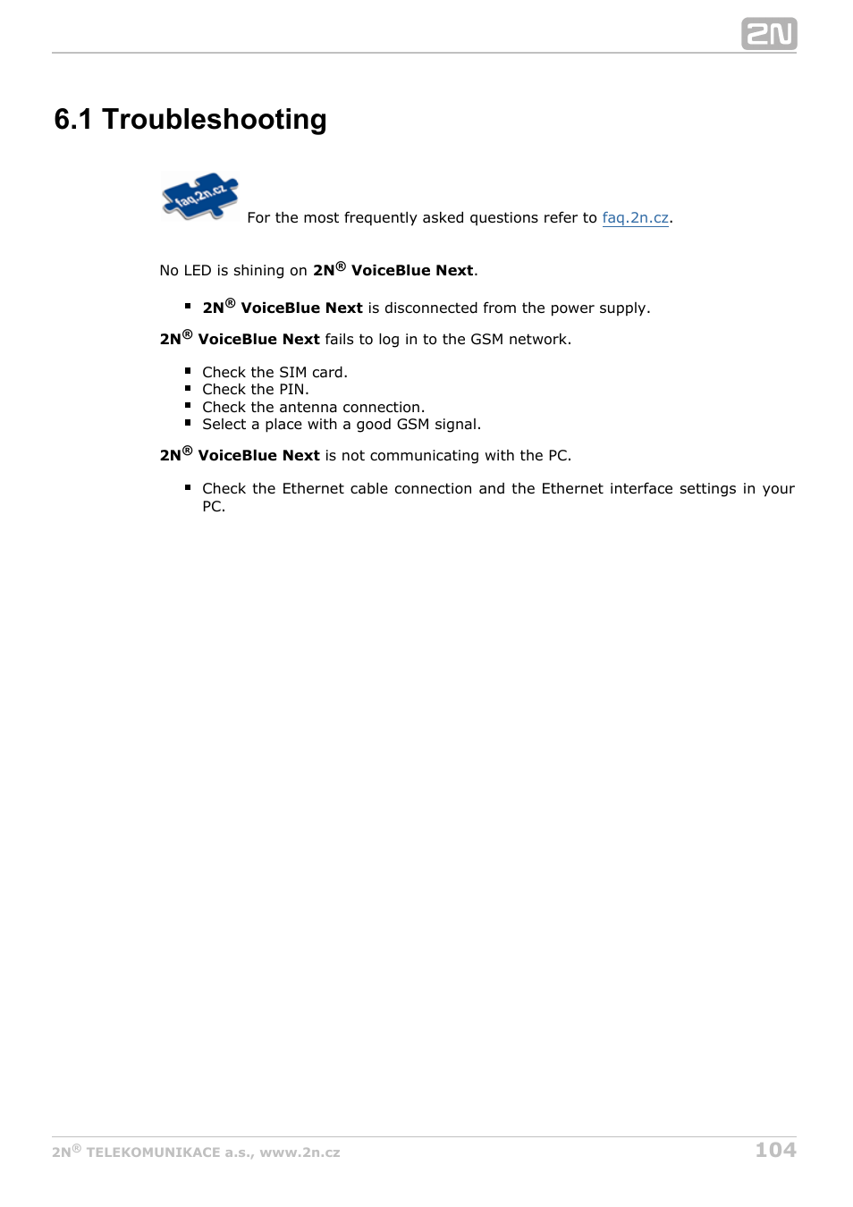 1 troubleshooting | 2N VoiceBlue Next v3.6 User Manual | Page 104 / 110
