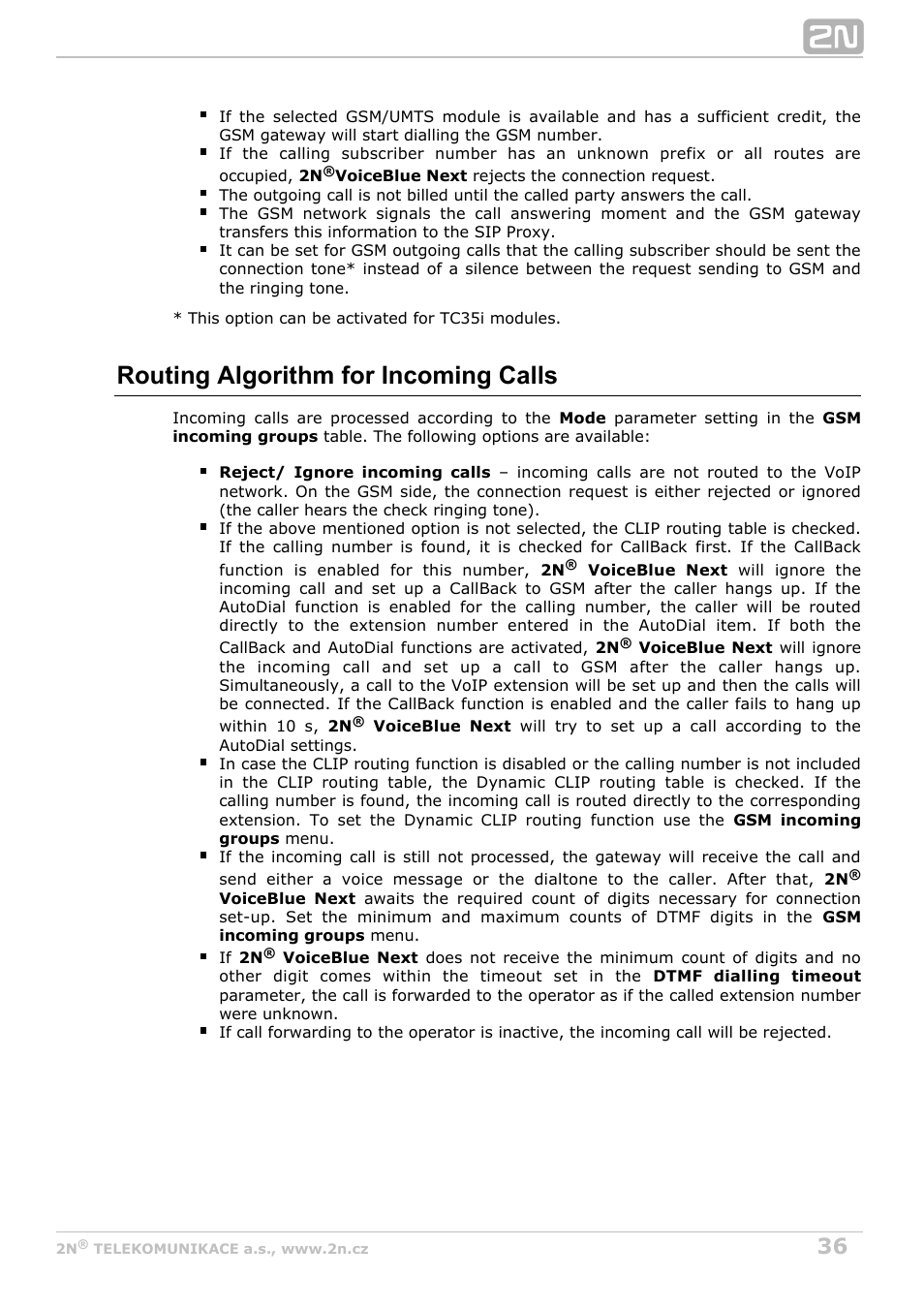 Routing algorithm for incoming calls | 2N VoiceBlue Next v3.6 User Manual | Page 36 / 110