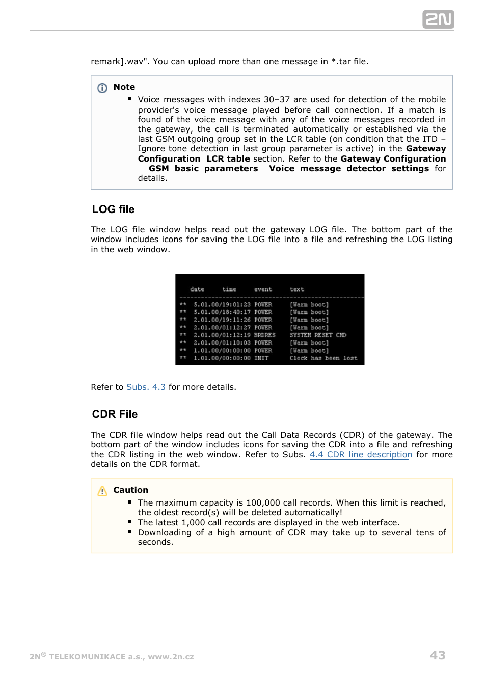 Log file, Cdr file | 2N VoiceBlue Next v3.6 User Manual | Page 43 / 110