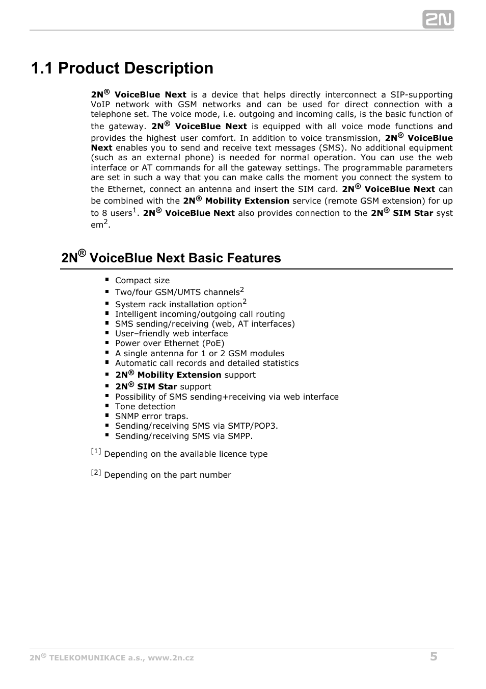 1 product description, 2n voiceblue next basic features | 2N VoiceBlue Next v3.6 User Manual | Page 5 / 110