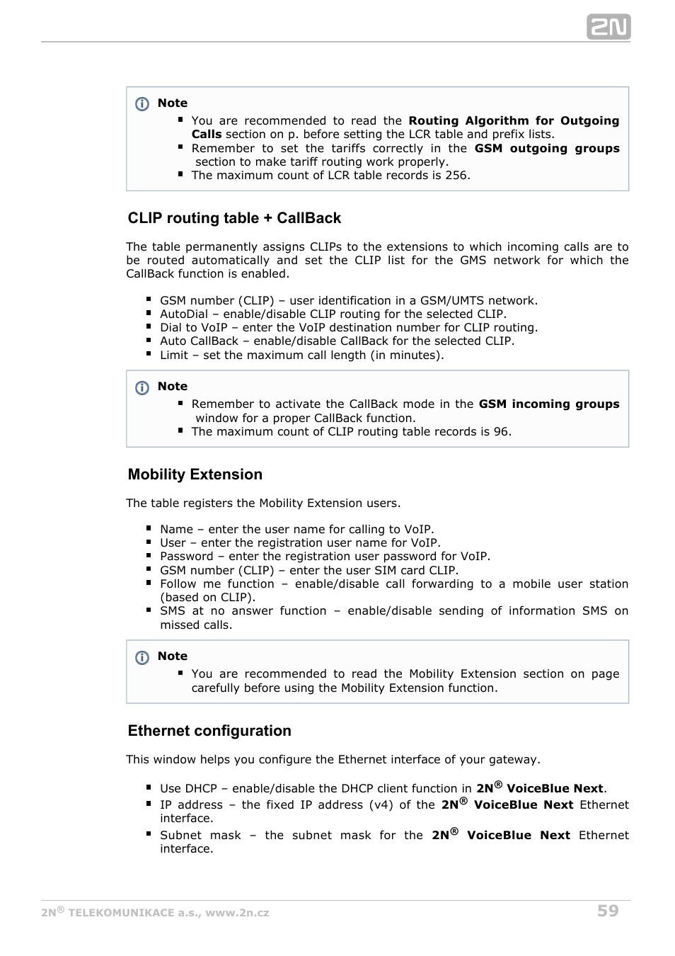 Clip routing table + callback, Mobility extension, Ethernet configuration | 2N VoiceBlue Next v3.6 User Manual | Page 59 / 110